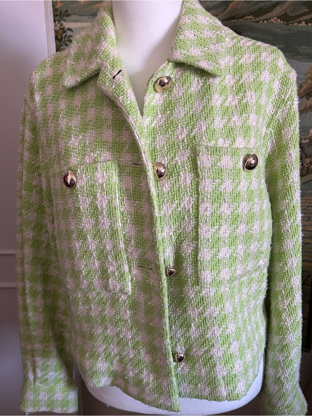 Zara Green and Cream Houndstooth Button-Front Jacket
